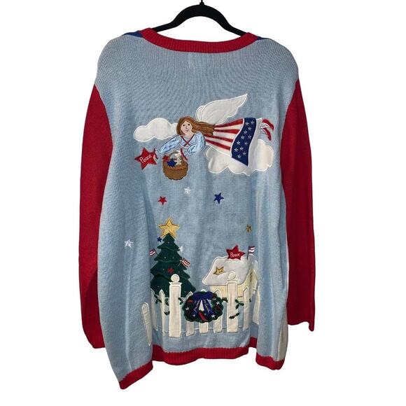 Vintage Quacker Factory Patriotic Christmas Sweater Cardigan Plus Size 1X Angel - Picture 2 of 11
